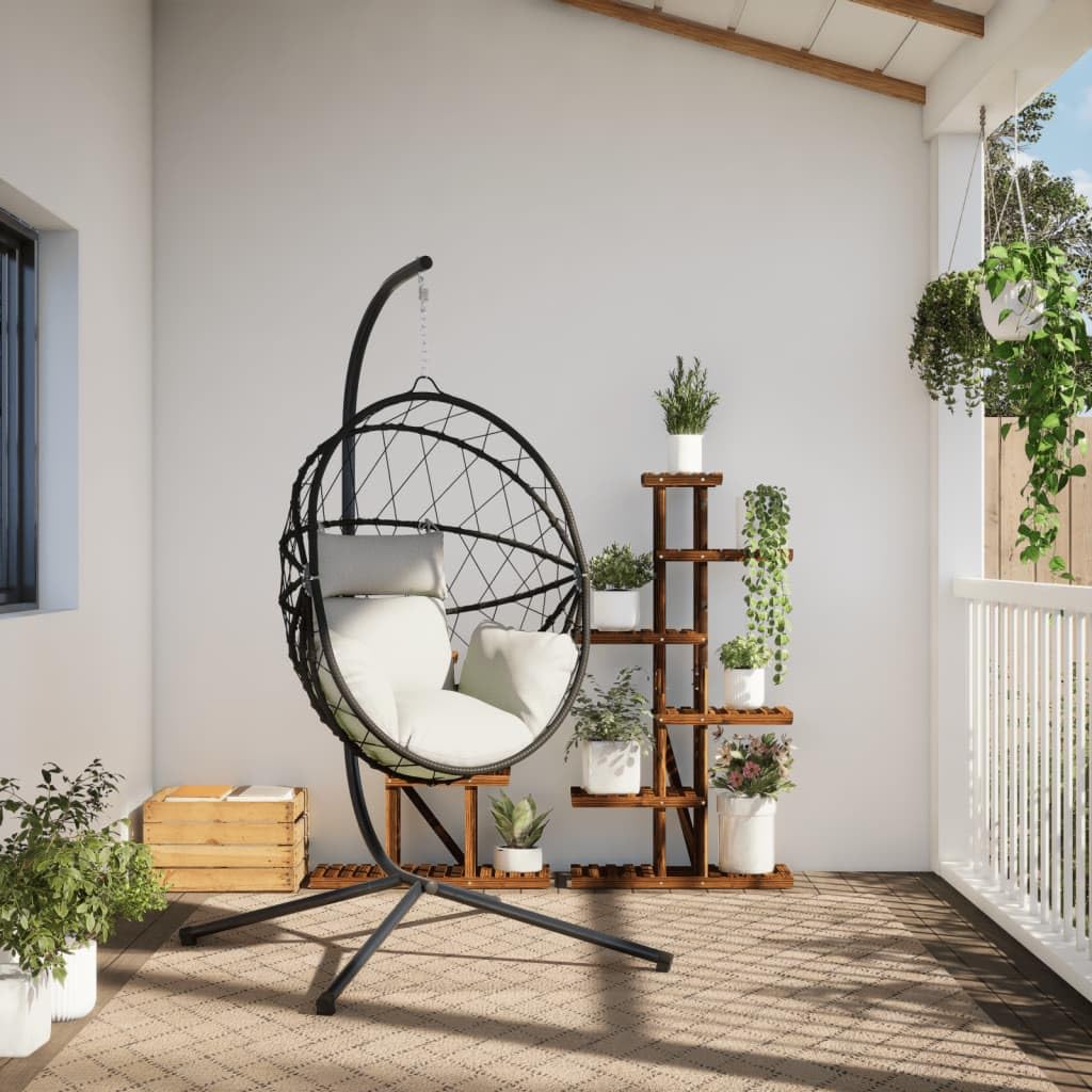 Silla Colgante Huevo Ratán Y Acero Con Cojín Beige