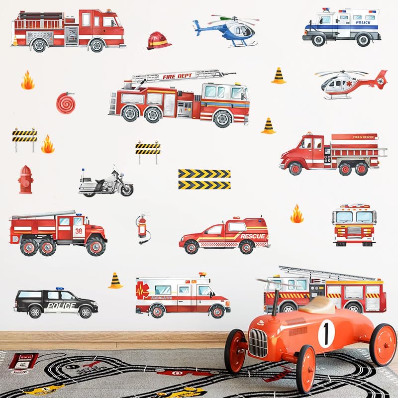 SHUCHING Stickers Muraux Camion de Pompiers, Autocollant Mural Voitures Véhicules, Décoration Murale pour Garçon Chambre Enfants Salle de Jeux