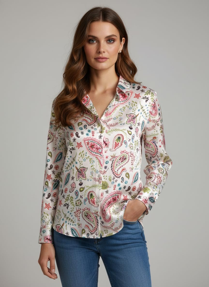 ANNI Designer Bedrucktes Damenhemd aus Baumwollmischgewebe, langärmelig, normale Passform, Kragen, legere Bürokleidung, elegante Western-Kleidung für den Alltag, Hochzeit, Party