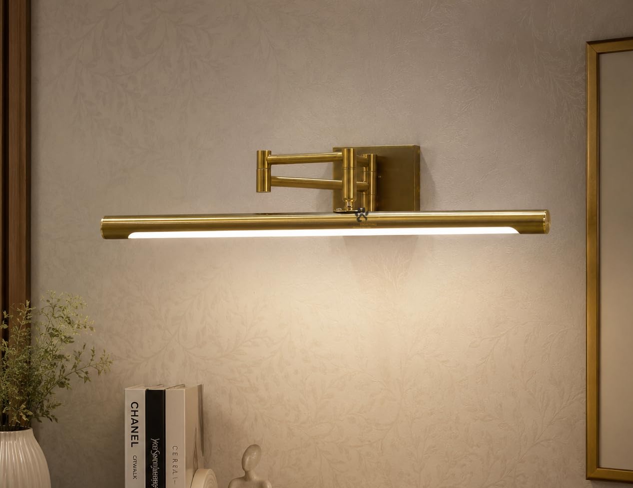 Mufasa 12 Watts Golden Finish Movable Long Arm LED Picture Photo Frame Light Mirror Vanity Bathroom Dressing Table Wall Light Adjustable Head (3 Color Light)-image-18