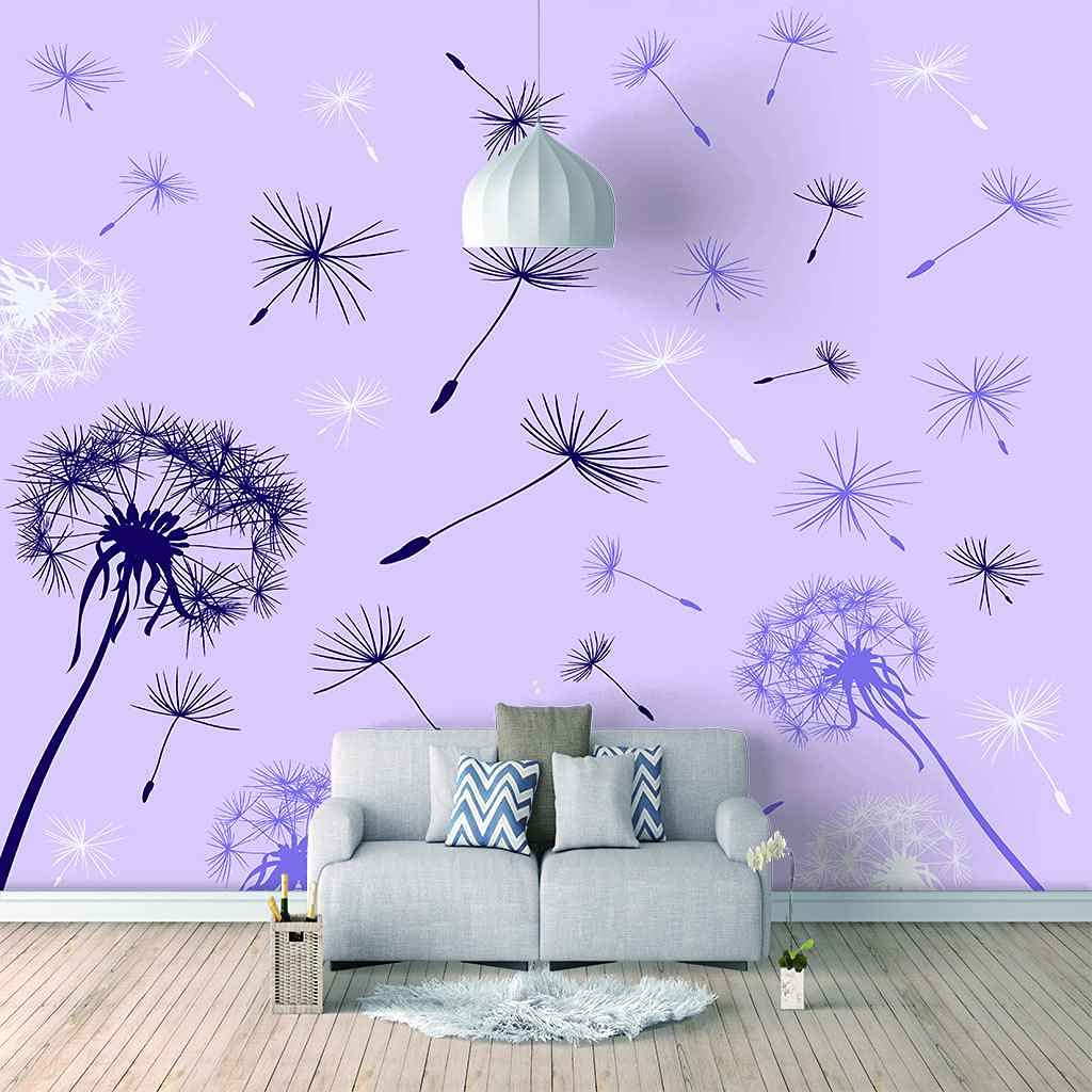 Papier peint 3D pissenlit violet pour masquer un mur abîmé avec un poster auto-adhésif