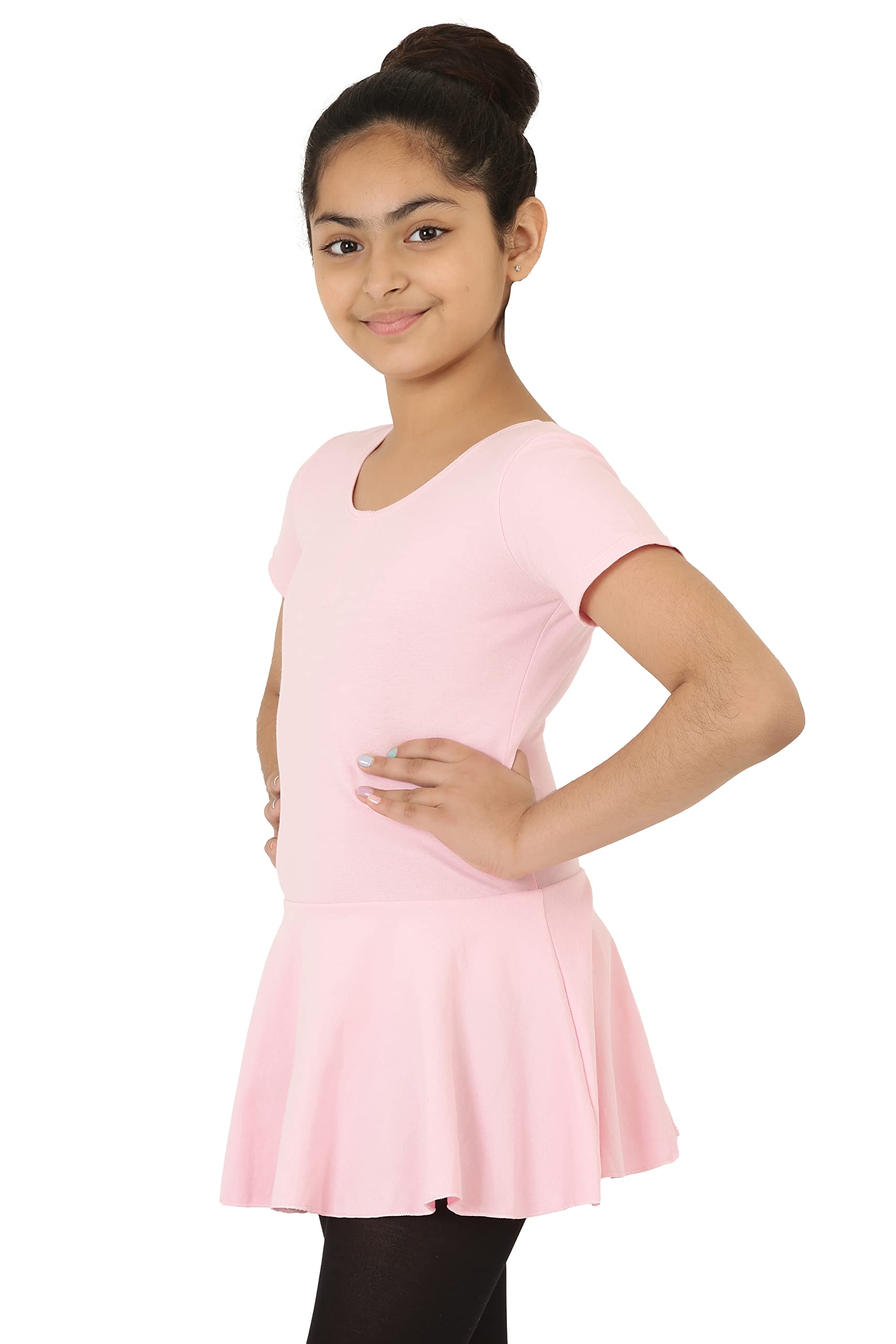 The Dance BibleGirls Short Sleeve Pink Ballet Leotard Dress with Bowtie Back