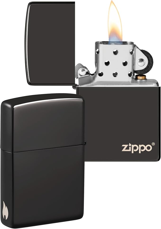 Zippo Encendedor a Prueba de Viento - Diseño de Logo y Llama - Acabado Negro Brillante - Recargable - Reutilizable - Caja de Regalo Hecho en EEUU - Exclusivo de Amazon