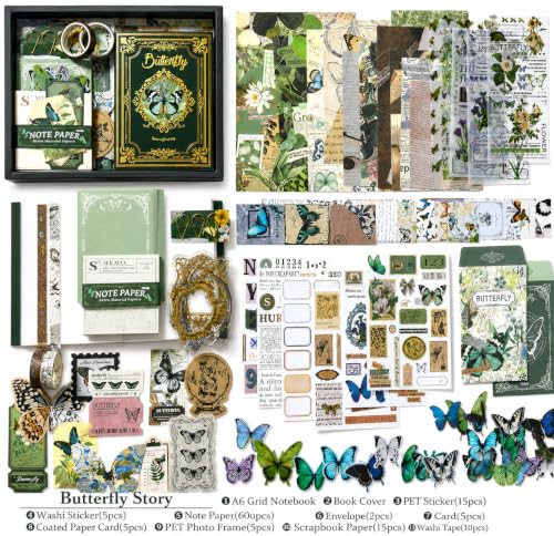 Image of RANDEN journaling kit Aesthetic Stuff Vintage Journal Kit Supplies - 346PCS Scrapbook Stickers & DIY Craft Set for Bullet Journals, Planners, Albums & Notebooks (Green Butterfly)