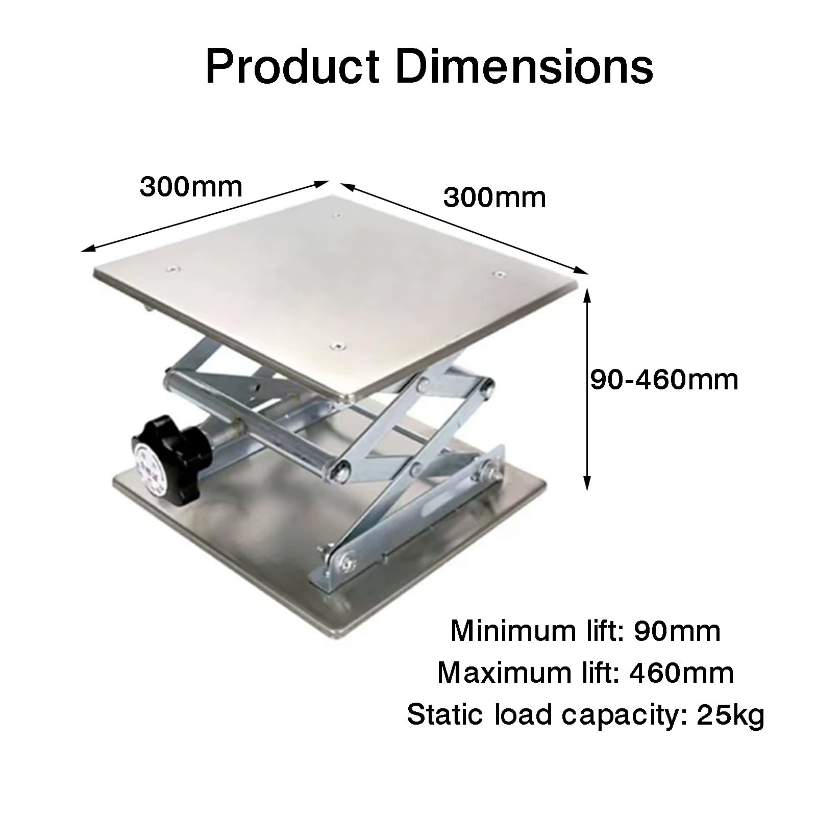 Soporte De Gato Laboratorio Acero Inoxidable | Altura ajustable con control manual, con tapete antideslizante y mango giratorio, capacidad de carga de 5 a 25 kg(300x300mm)