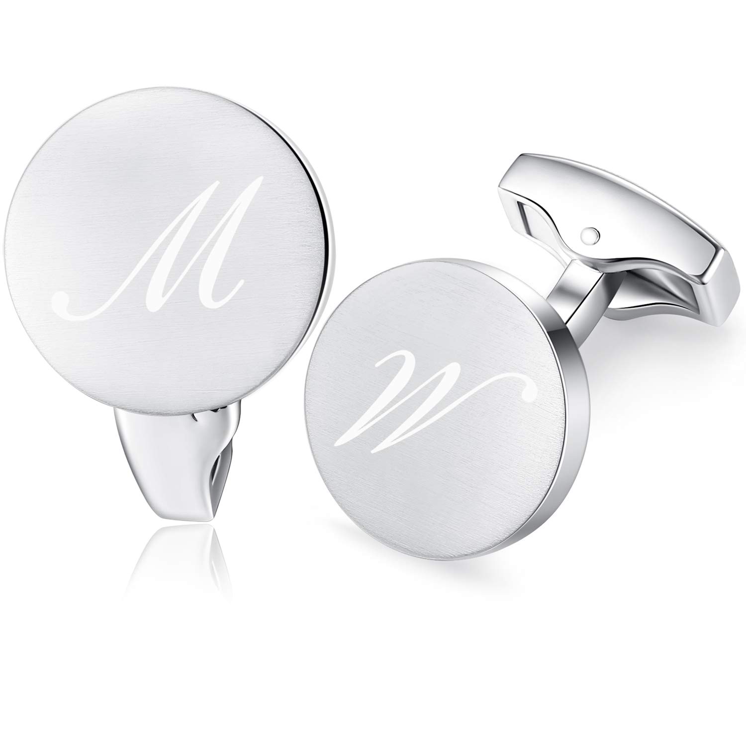 HONEY BEARInitial Alphabet Letter Cufflinks for Men, Round Shape Stainless Steel Wedding Business Gifts Silver A to Z