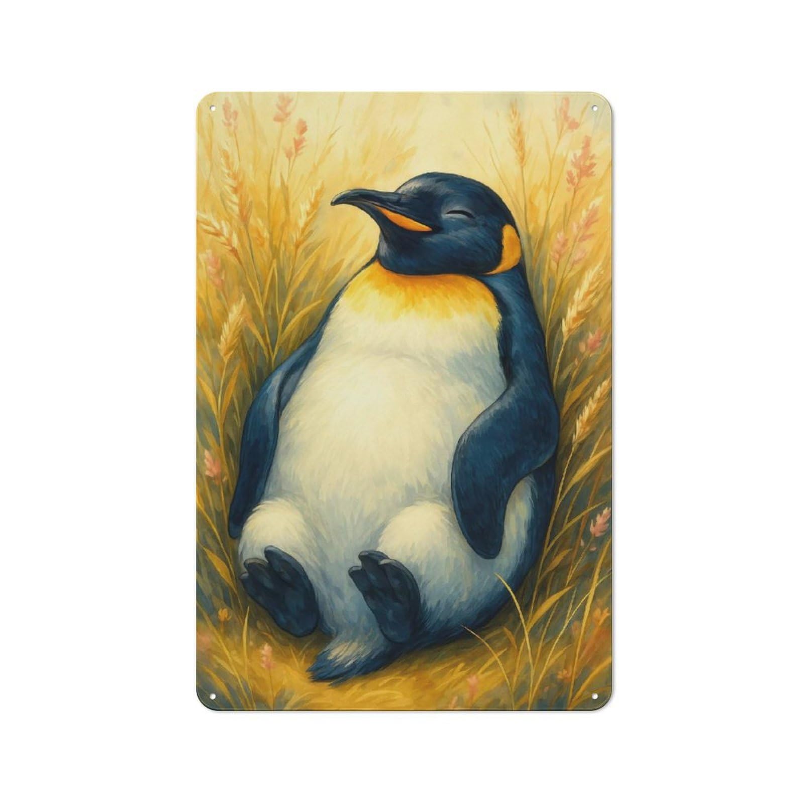 Junmoney Style-17 Relaxing Penguin In Golden Field Industrial-Style Tin Sign 30X20cm For Café Or Home Bar, For Cooler-Month Interiors With Industrial Character