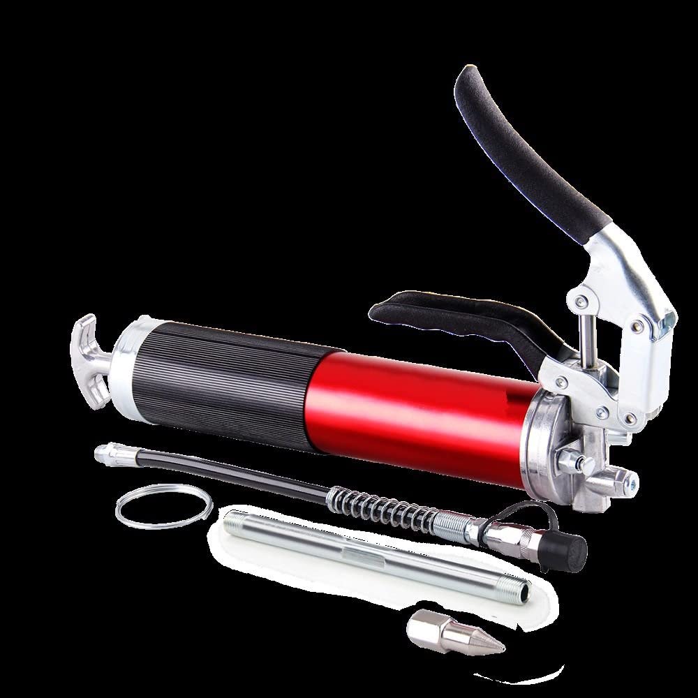 Boquilla engrasadora Boquilla Bomba de Engrase Duty 6000PSI Pistola engrasadora Empuñadura de Pistola 400cc 14oz Lubricación W/12quot; Manguera Flexible y 5-1/2" Extensión Metálica(Blue)