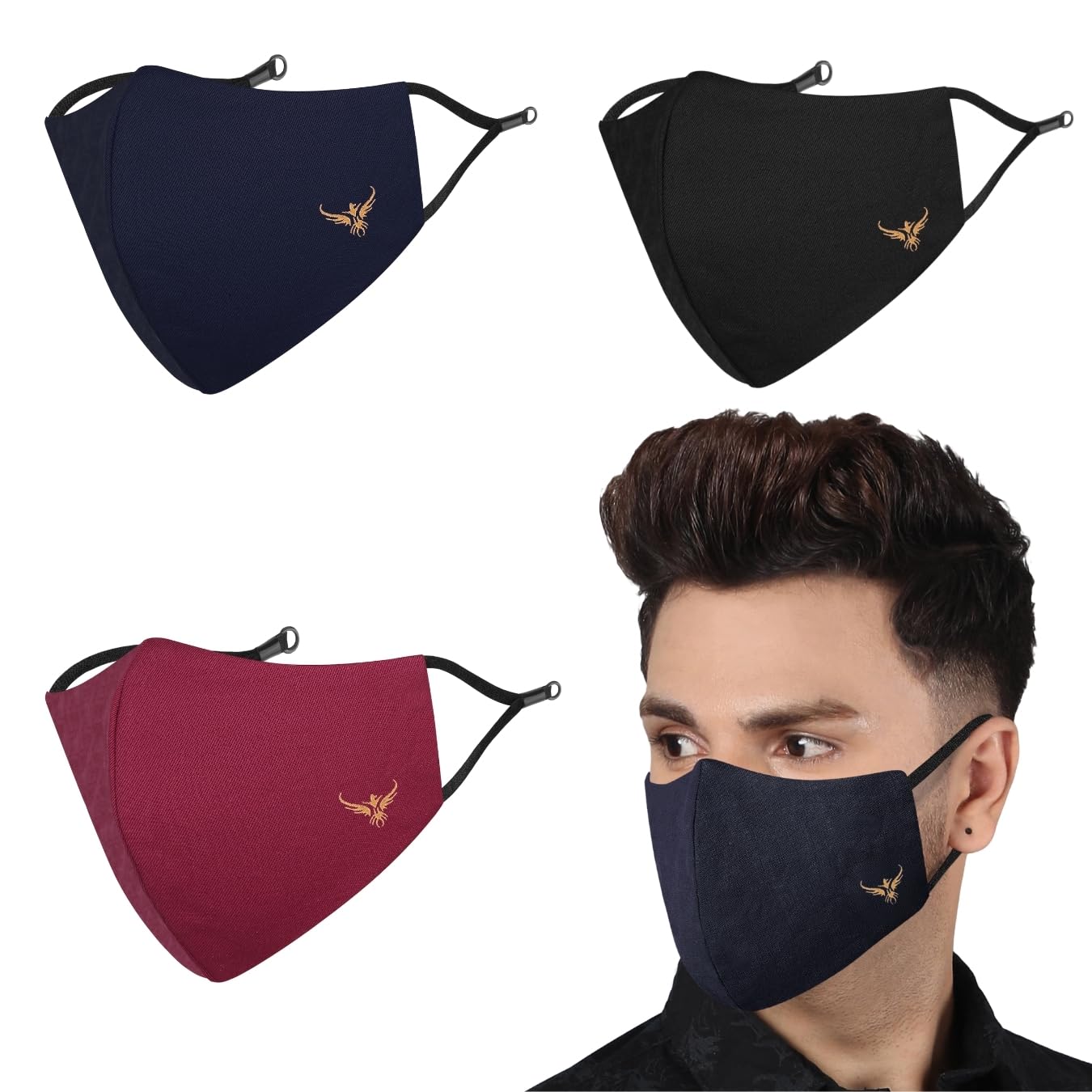 Eagle 4-Layer Reusable & Adjustable Cotton Cloth Face Mask for Men & Boys, Anti-Bacterial BFE>99%, Pack of 3, Multicolor, Black, Navy, Mahroon