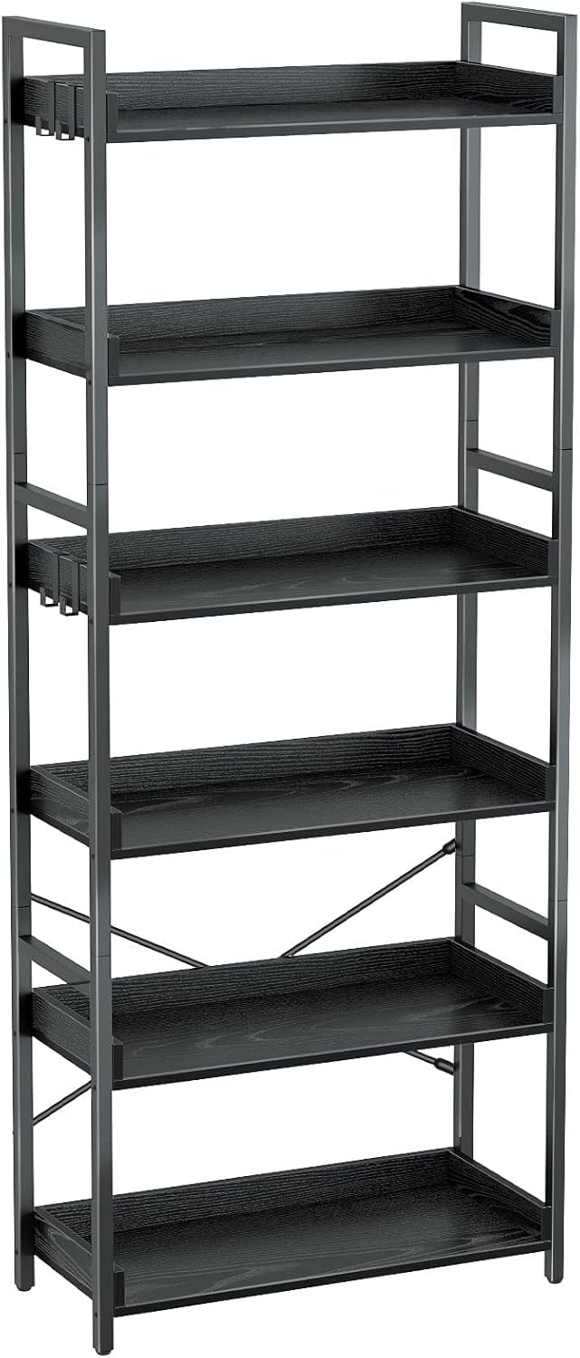 Rolanstar Bookshelf 6 Tier with 4 Hooks, Industrial Wood Bookcase, Vintage Storage Rack with Open Shelves, Rustic Standing Bookshelves Metal Frame Display Rack for Living Room, Bedroom, Black