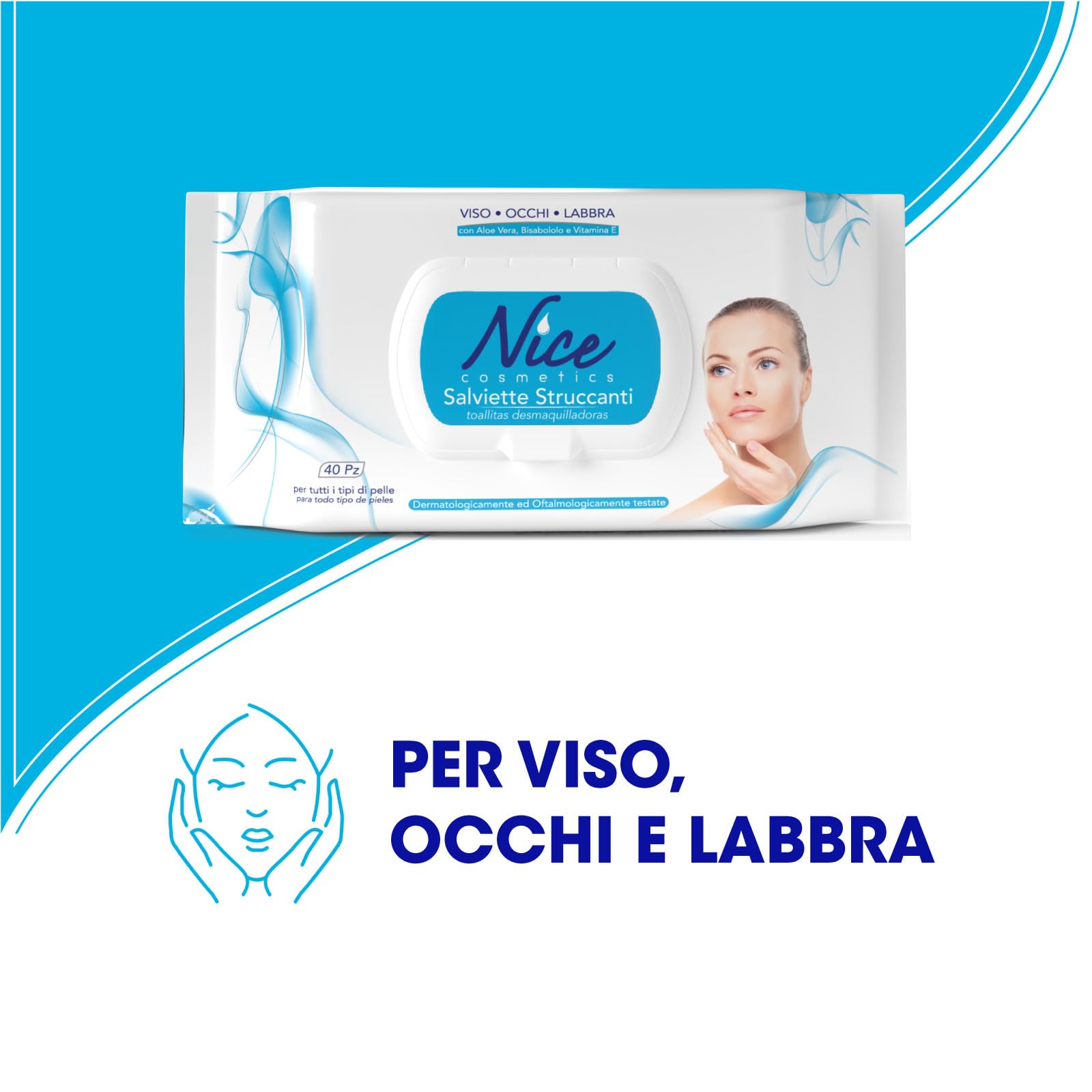 Nice Salviette Struccanti per Viso, Occhi e Labbra, con Aloe Vera, Bisabololo e Vitamina E, Dermatologicamente e Oftalmologicamente Testate, Confezione da 40 Salviette