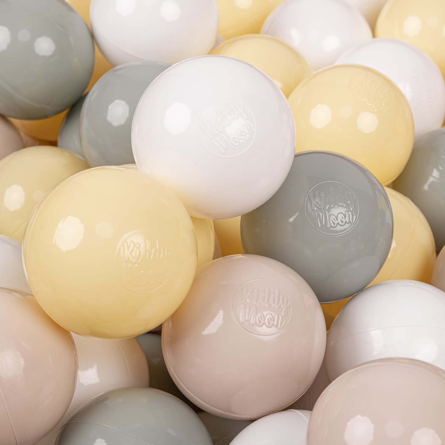 KiddyMoon Soft Plastic Play Balls 100 Balls/7Cm-2.75In Multi-Colour Made In EU, Pastel Beige/Greengrey/Pastel Yellow/White