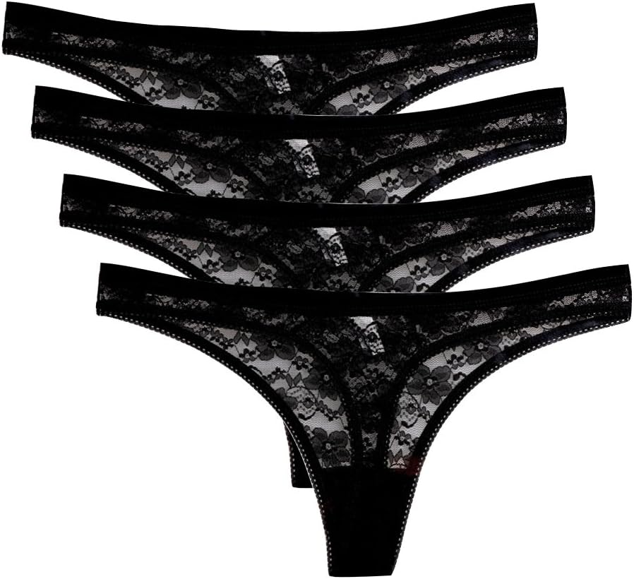 Womens Sexy Lingerie Underwear Lace Thong Panties Hipster Pack of 4 pcs/Pack (Black, L)