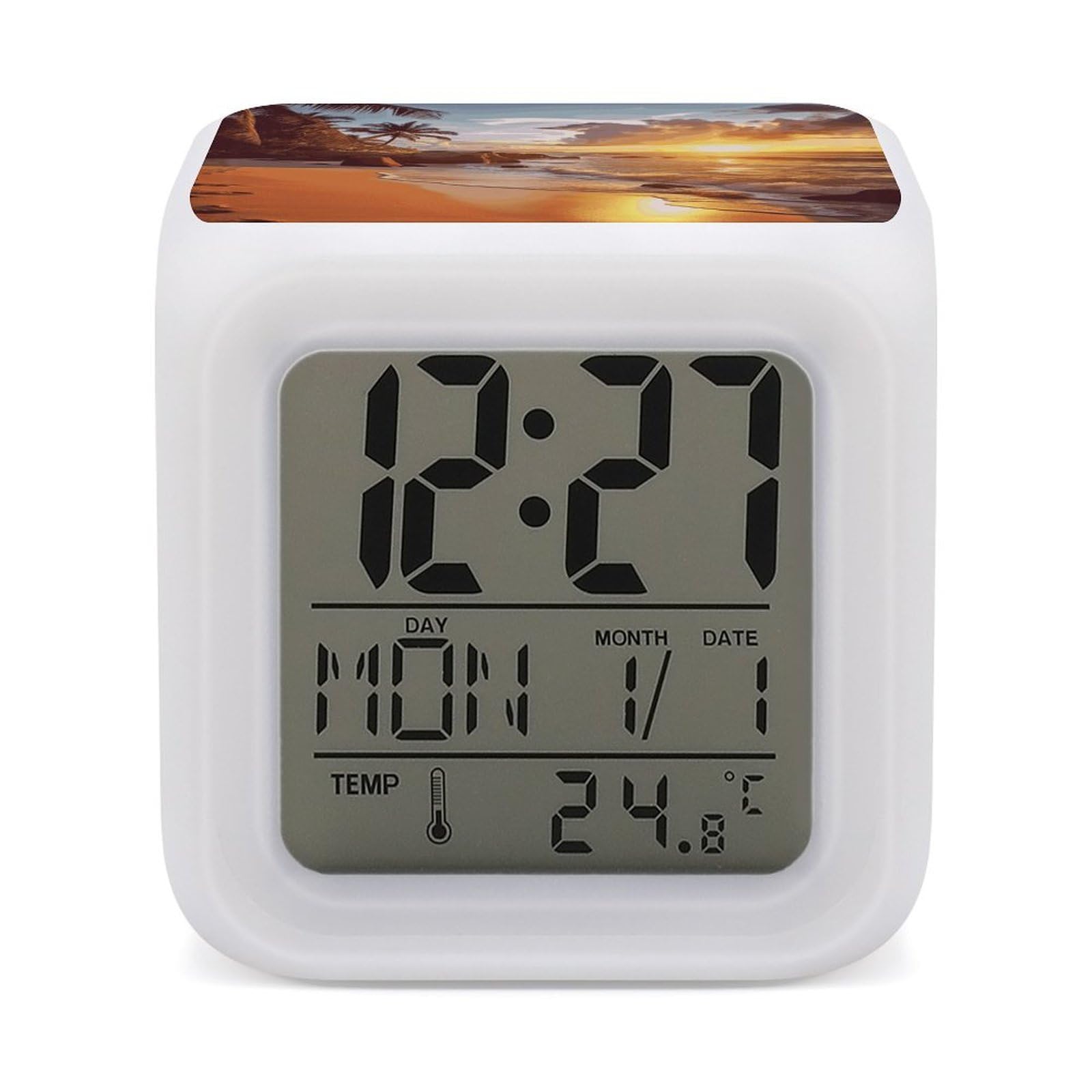 VstaDank Tropical Beach at Sunset Alarm Clock with 7 Color Changing Night Light Date Temp Display Wake Clocks LED Display Digital Clock Electric Desk Clocks for Living Office Bedroom Decor