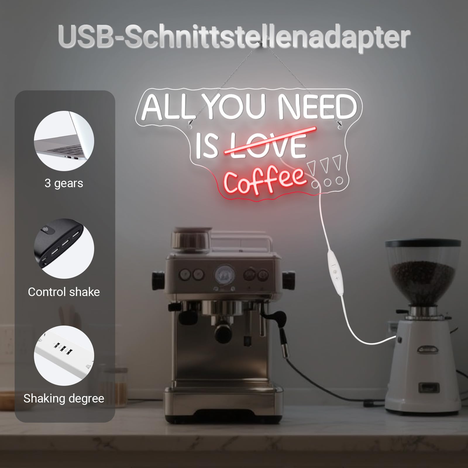 Horseneon Letrero de Café de Neón, Letrero Luminoso de Café, Toda la Necesidad Es Café Luz de Neón, Letrero de Neón LED de Palabra para la Pared Rosa Blanco Letrero de Neón de Café para Bar de Café