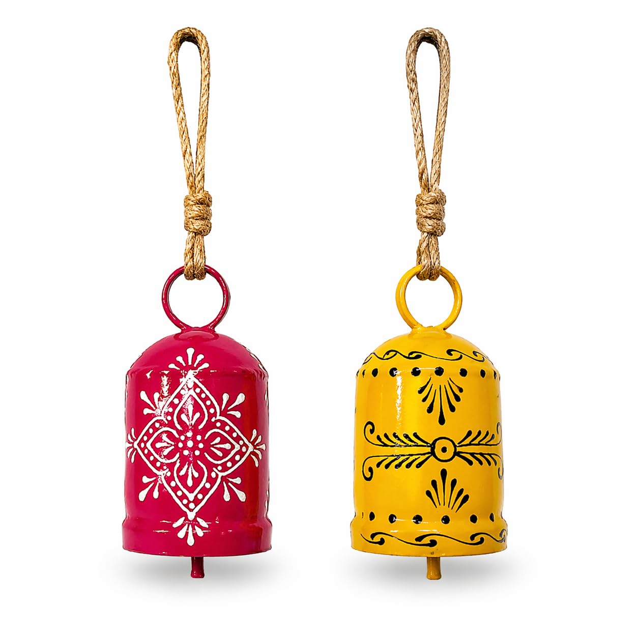 Set of 2 Handpainted Bell Wall Hanging Decor | Metal Wind Chime for Home & Garden | Decorative Hanging Bells for Living Room, Balcony, Entrance (Pink & Yellow)-image-18