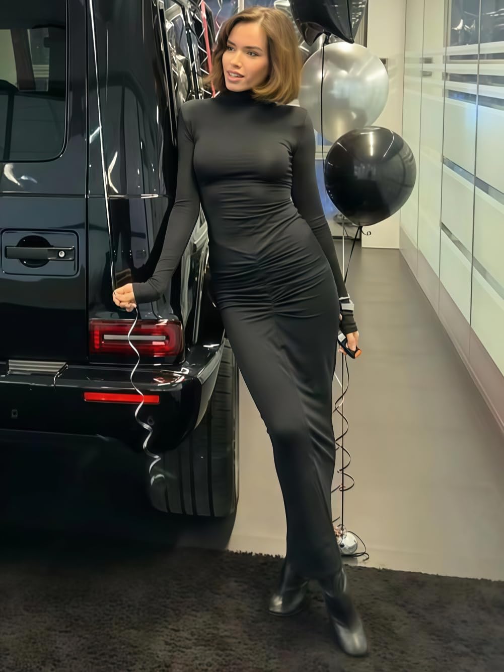 Vestito Donna Elegante Maniche Lunghe Maxi Abito Aderente con Scollo Alto Sexy Vestiti Lungo a Pieghe Abiti da Sera Cerimonia Festa Cocktail Matrimoni Autunno Inverno Casual Bodycon Tubino