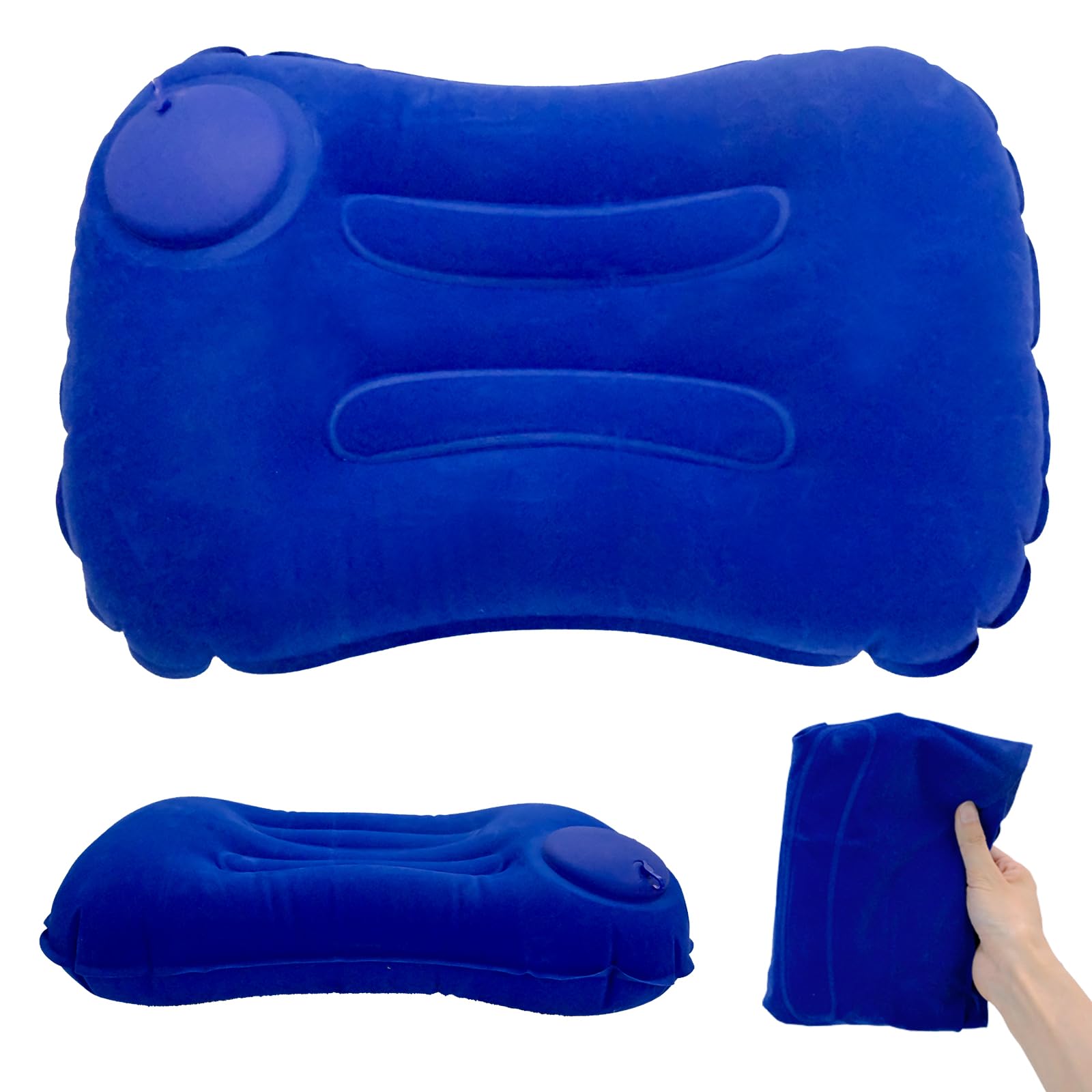 Mudoulu Inflatable Pillow for Travel, Ergonomic Self-Inflating Cushion with Press Pump, Lightweight Flocking Air Pillow for Camping, Office, Plane, Blue