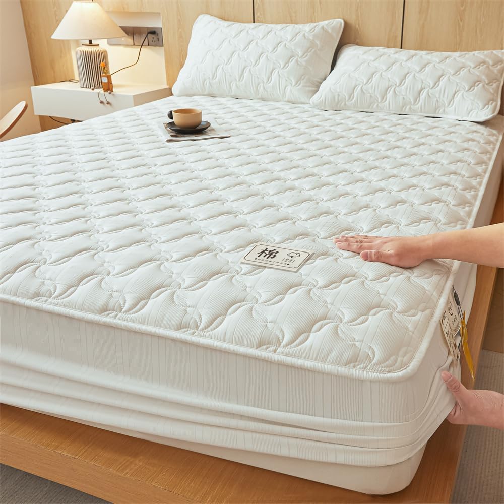 Mattress Protector,Elastic Fitted Breathable Fitted Sheet,with Deep Pocket for 6-18 inches Mattress,for Kids Teenager Bedroom（Pillowcase Sold Separately） (White,Queen)