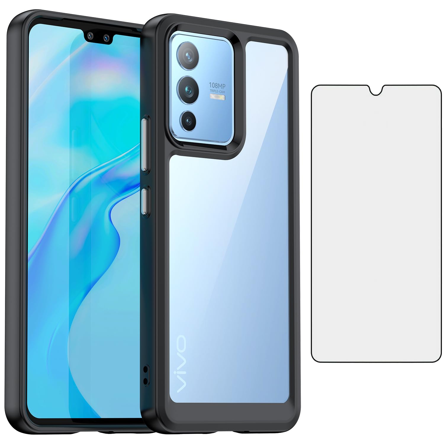 Sponsored Ad – Phone Case for ViVo V23 5G / S12 with Tempered Glass Screen Protector Cover and Cell Accessories Slim Silicone Rubber Soft Protective Mobile ViVoV23 ViVoS12 23V 12S G5 Women Men Clear Black
