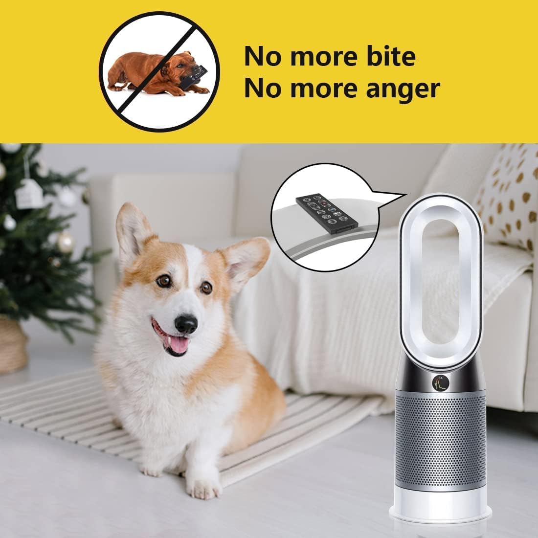 Hand holding the remote control, pointing it towards a Dyson fan