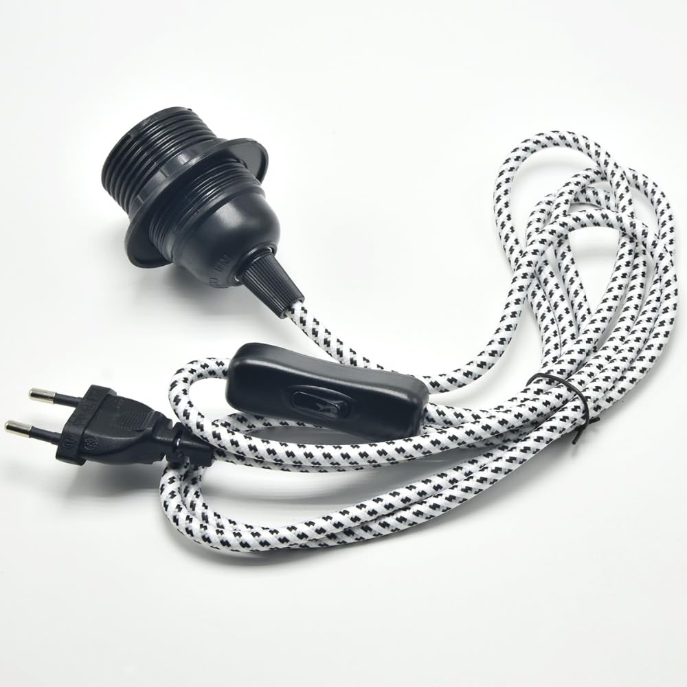 E27 Lamp Holder Lamp Power Cord with Switch EU Plug for LED Bulb Socket Fabric Electric Cable Wire 2M - (Color: Black and White; Base Type: E27)