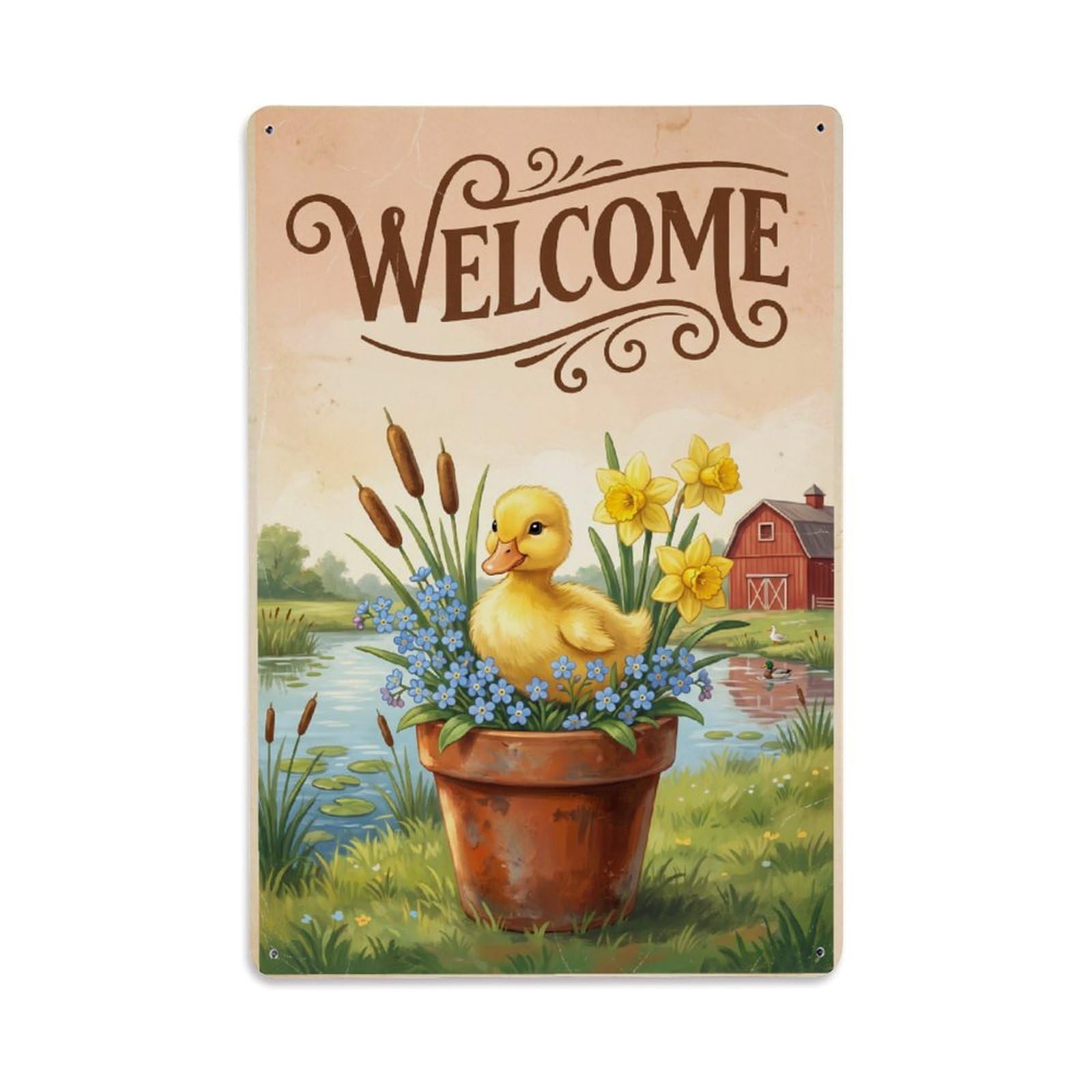 Cxhjca 8X12inch(20X30cm) Vintage Welcome Duckling Spring Garden Metal Tin Sign