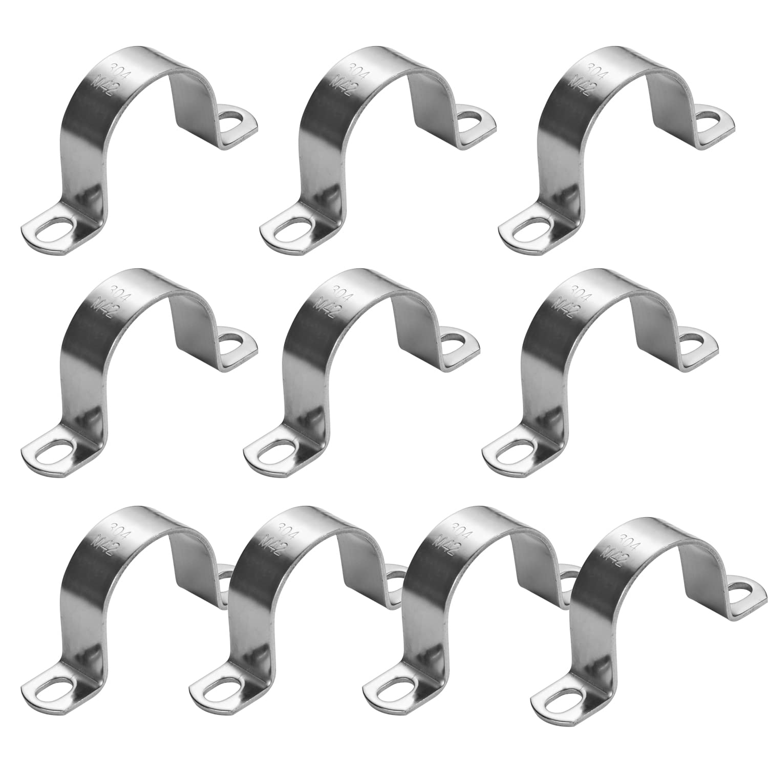 10 Stück 42 mm robuste 2-Loch-U-Röhren-Gurtklemme, Edelstahl, 304 starre U-Halterung, Rohrschelle Aufhänger Rohrspann-Clips ID 1 21/32 Zoll