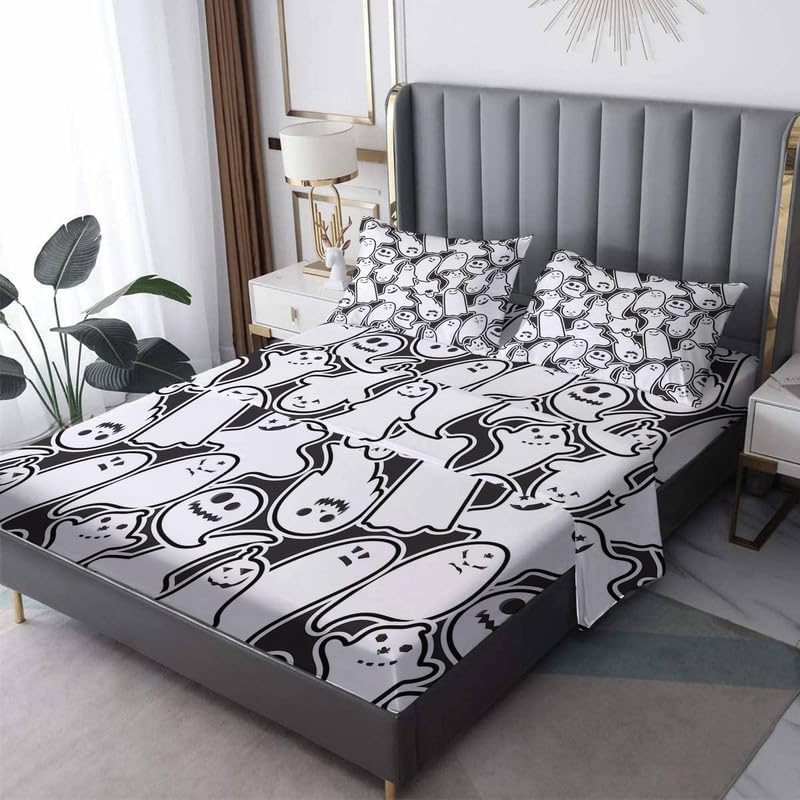 Juego de sábanas de fantasmas espeluznantes tamaño King, sábanas divertidas de Halloween en blanco y negro para niños y niñas, microfibra suave y