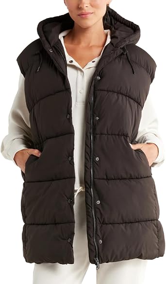 Womens Long Hooded Puffer Vest Sleveless Fluffy Quilted Jackets Button Down Winter Warm Coats Outwear