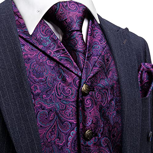Image of Barry.Wang Mens Silk Lapel /Shawl Collar Vest Tie Sleeve Holder Set Formal /Casual Paisley Vests Wedding Tuxedo Waistcoat