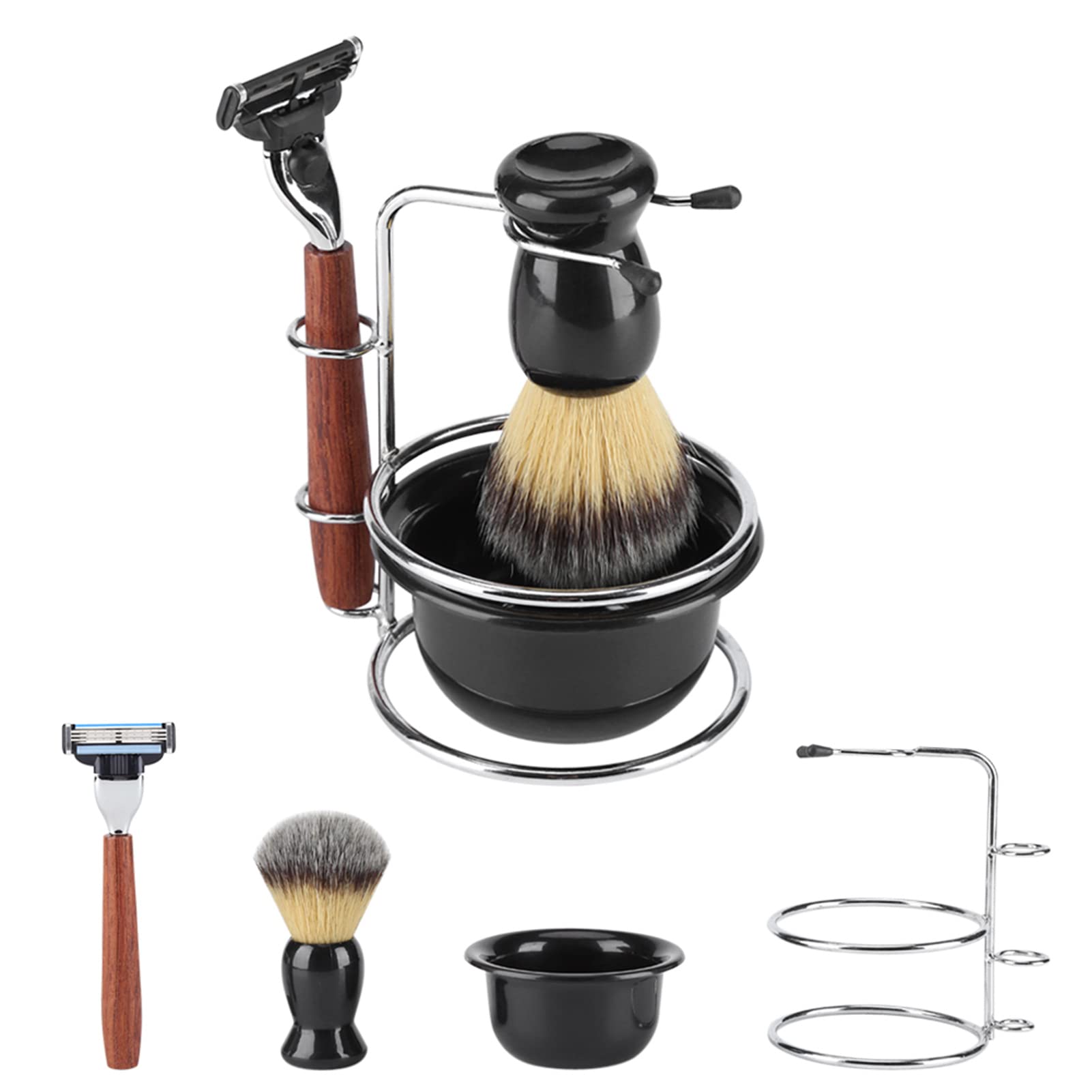 Kit de afeitado manual de seguridad con soporte, cepillo de afeitar de tejón, tazón de afeitar de espuma, kit de afeitado para barba de hombres con mango de acero inoxidable y madera, regalo para
