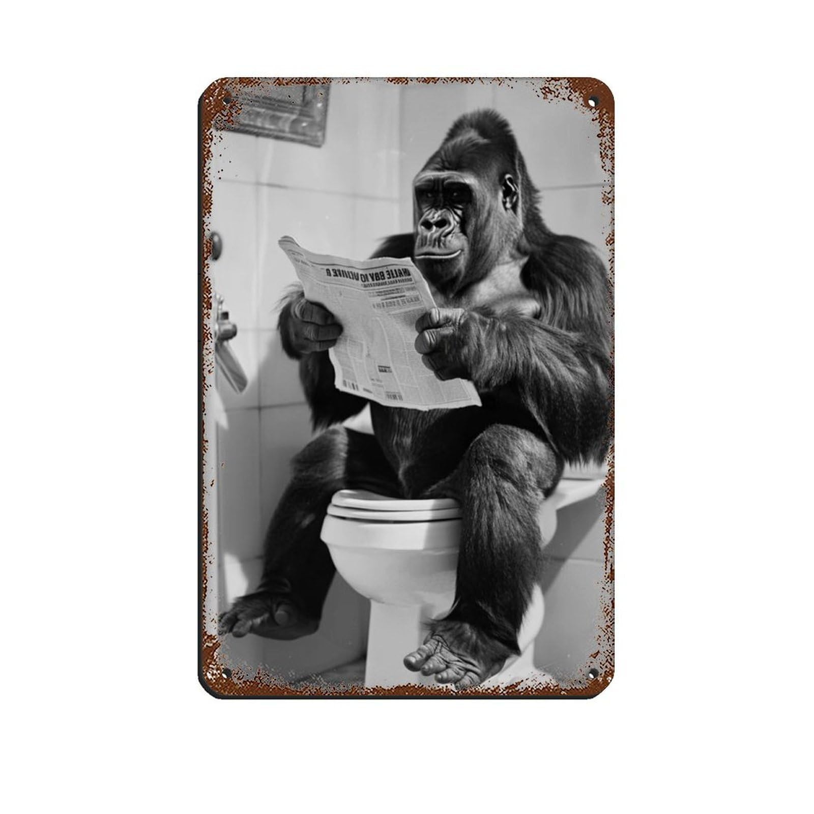 Lxwnze 20L X 30W Cm Gorilla Sitting On The Toilet Reading A Newspaper Tin Sign Vintage Metal Pub Club Cafe Bar Home Wall Art Decoration Poster Retro 8X12inch(20X30cm)