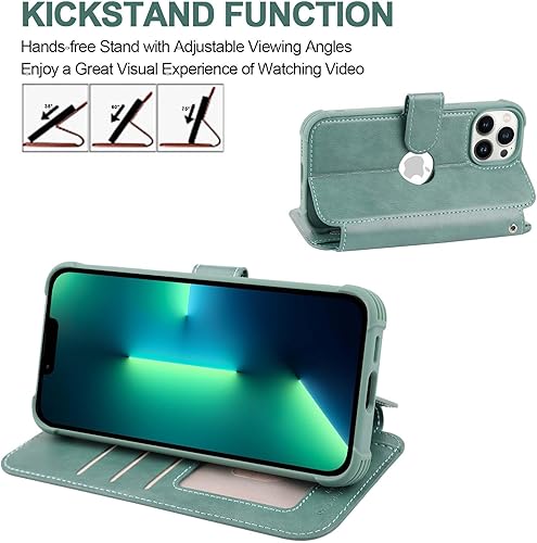 Miniatura 5 de VANAVAGY Funda tipo cartera compatible con iPhone 13 Pro para mujeres y hombres, funda de piel con bloqueo RFID con soporte para muñeca, carga