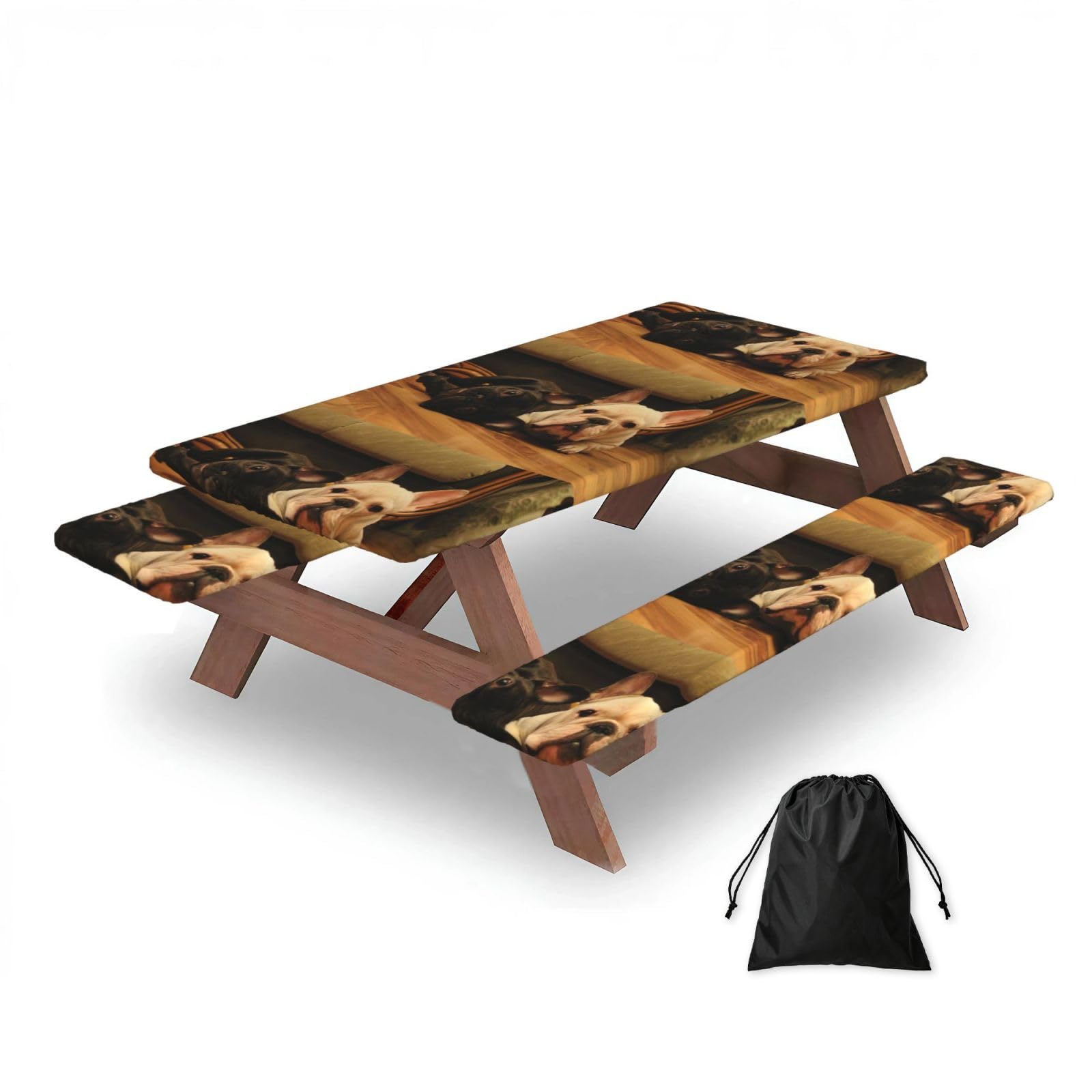 Dopklna As Picture French Bulldog, Picnic Table Cover With Bench Covers -Waterproof Elastic Fitted Tablecloth For Garden Camping Patio 76X152cm