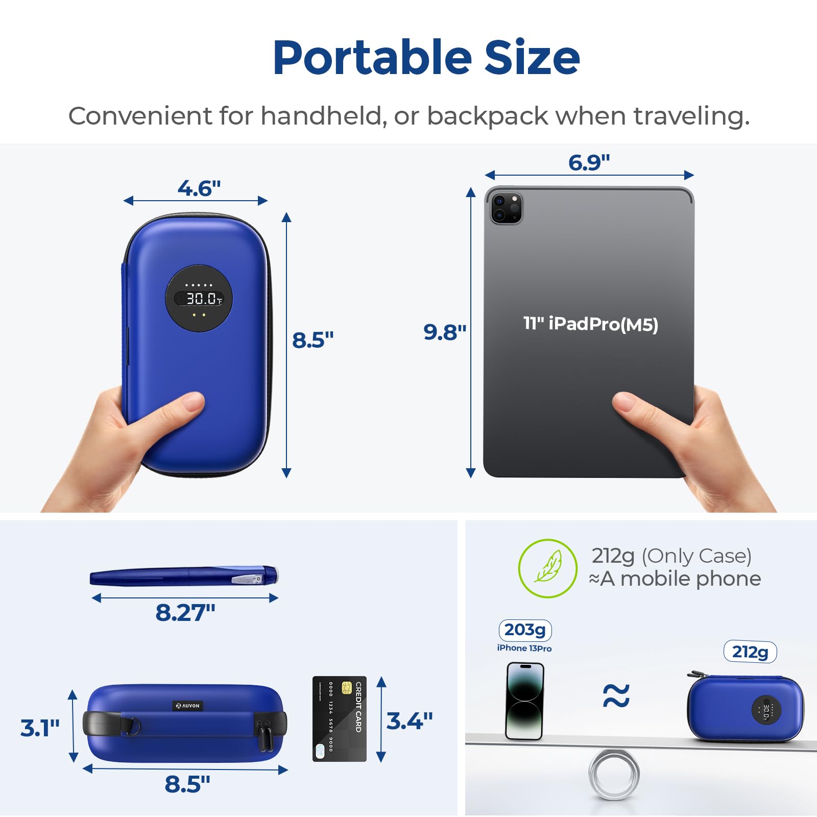 AUVON Insulin Cooler Travel Case with Rechargeable Temp Display, Large Insulin Pen Cooler Travel Case with 2 x 160g TSA Approved Ice Packs, Waterproof Insulated Cooler Bag for Daily Use & Trip