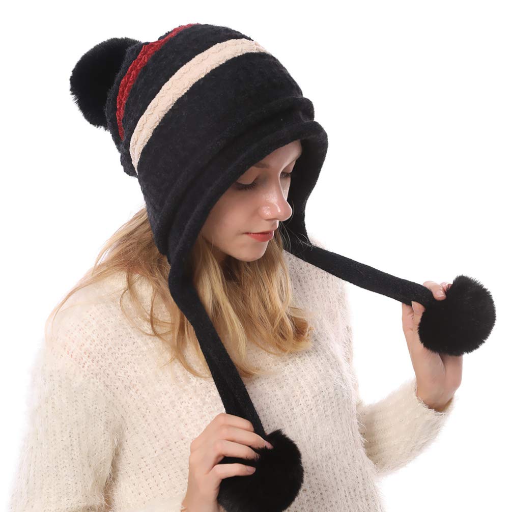 Bonnet D'Hiver Femme Doublé Polaire - Bonnet Péruvien Avec Cache-Oreilles Et Pompon - Pour Ski, Randonnée - Blanc