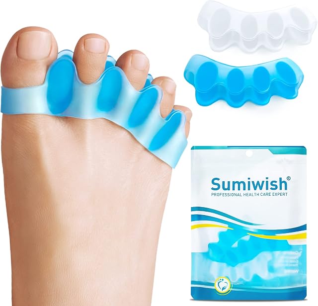 Sumiwish Toe Separators, 4 Pair (Blue and Clear) Soft Gel Toe Spacers to Correct Bunions, Toe Stretcher for Therapeutic Relief from Plantar Fasciitis, Hammer Toes, Claw Toes