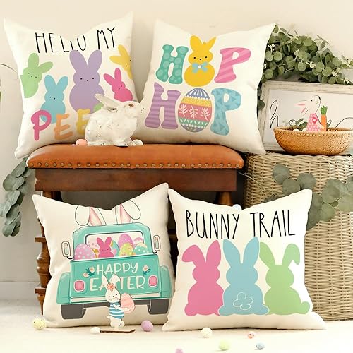 Miniatura 5 de GEEORY G482-18 - Juego de 4 fundas de almohada de Pascua de 18 x 18 pulgadas, conejos conejos, huevos de Hello Peeps, camiones, Hip Hop a rayas,
