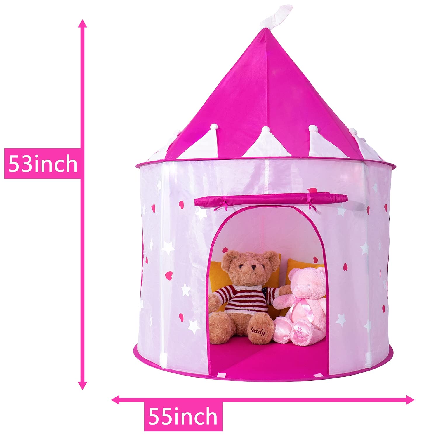Princess Castle Play Tent with Glow in The Dark Stars, Foldable Pink Pop up Kids Tent Playhouse Toys, for Indoor Outdoor Toddler Children Girls Gifts Tent Girls Toys Age 3/4/5/6/7/8/9 Years Old - Image 2