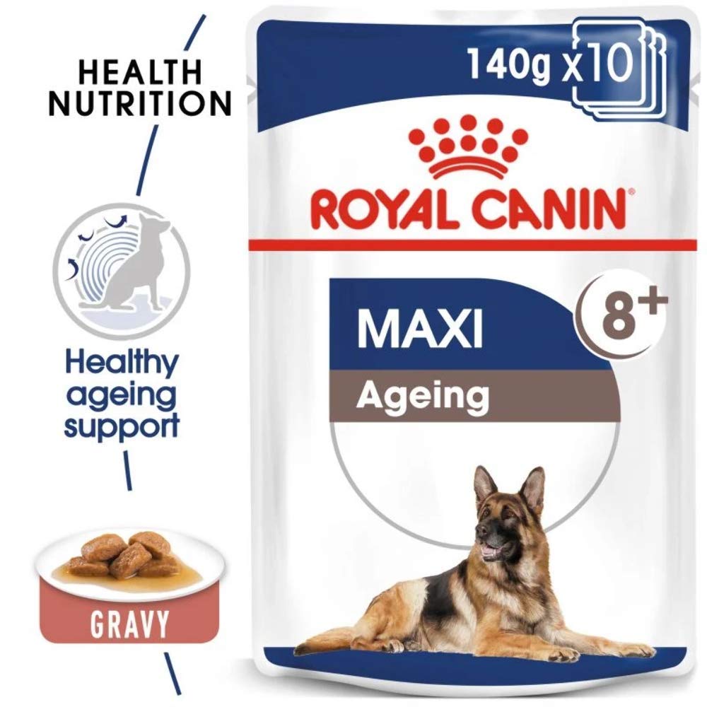 ROYAL CANIN Cibo umido Maxi età 8+ pezzi di carne in salsa per cani senior di grandi razze – Scatola 10 x 140 g (borse)