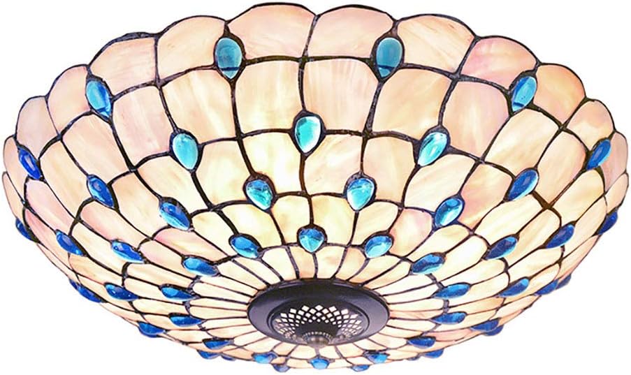 Blue Mediterranean Ceiling Lights Tiffany Style Semi Flush Mount Ceiling Light Fixture with 16-Inch Hand-Made Glass Shade for Bedroom Living Room Hotel,A
