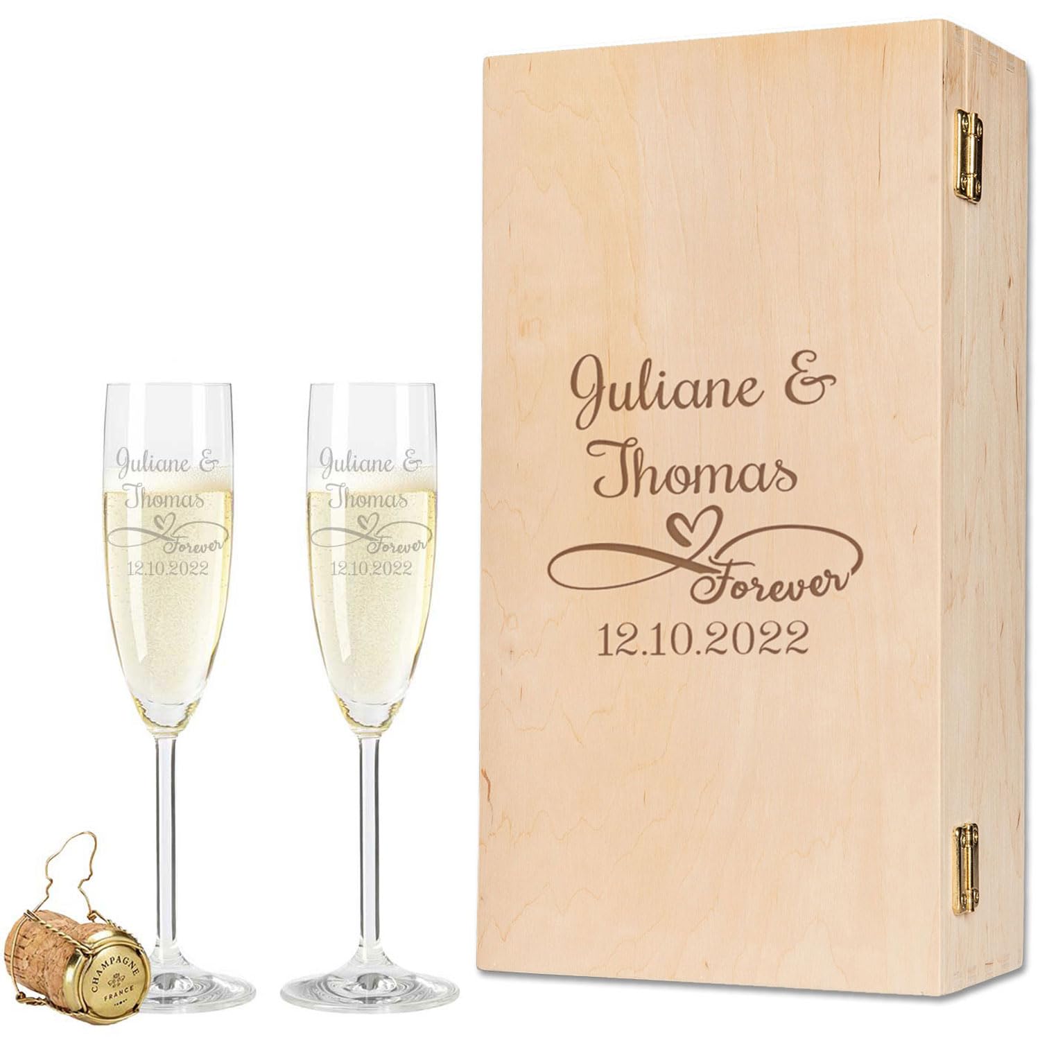 Leonardo Bicchieri da spumante con incisione di nome e data, design Infinity Love – regalo per matrimonio o fidanzamento – con scatola di legno incisa – il regalo perfetto per matrimonio + scatola