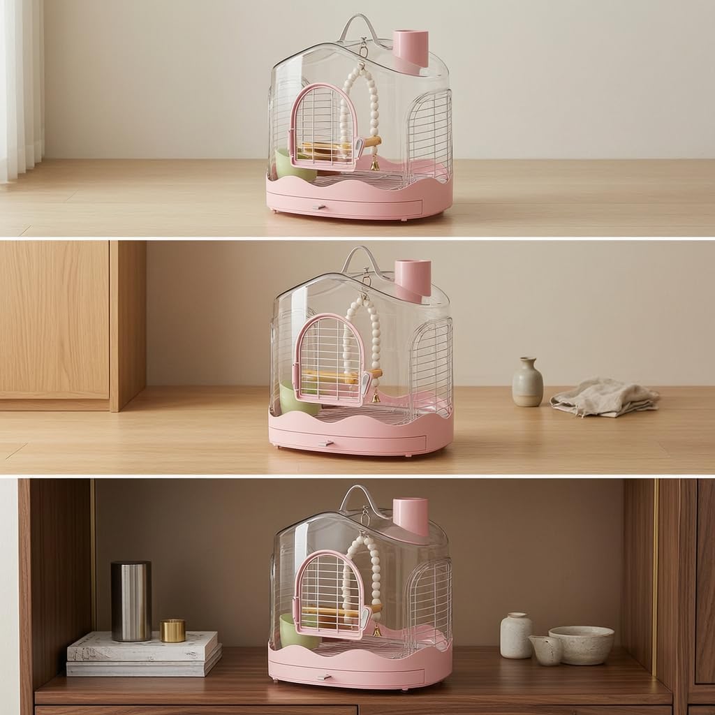 Harilla Gabbia Trasportino Portatile per Uccelli Gabbia da Viaggio Contenitore per Volatili Box per Pappagalli Chiusura Antifuga, Rosa, Gabbia per uccelli 986 - Rosa + Altalena + Posatoio