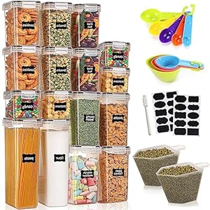 TWBEST Voorraaddozen,Voorraadpotten Set 16 Stuks,BPA-Vrij,voor Het Bewaren van Pasta,Muesli,Rijst,Meel,en Voor Het Voeden van Huisdieren,Set Etiketten,Lepel