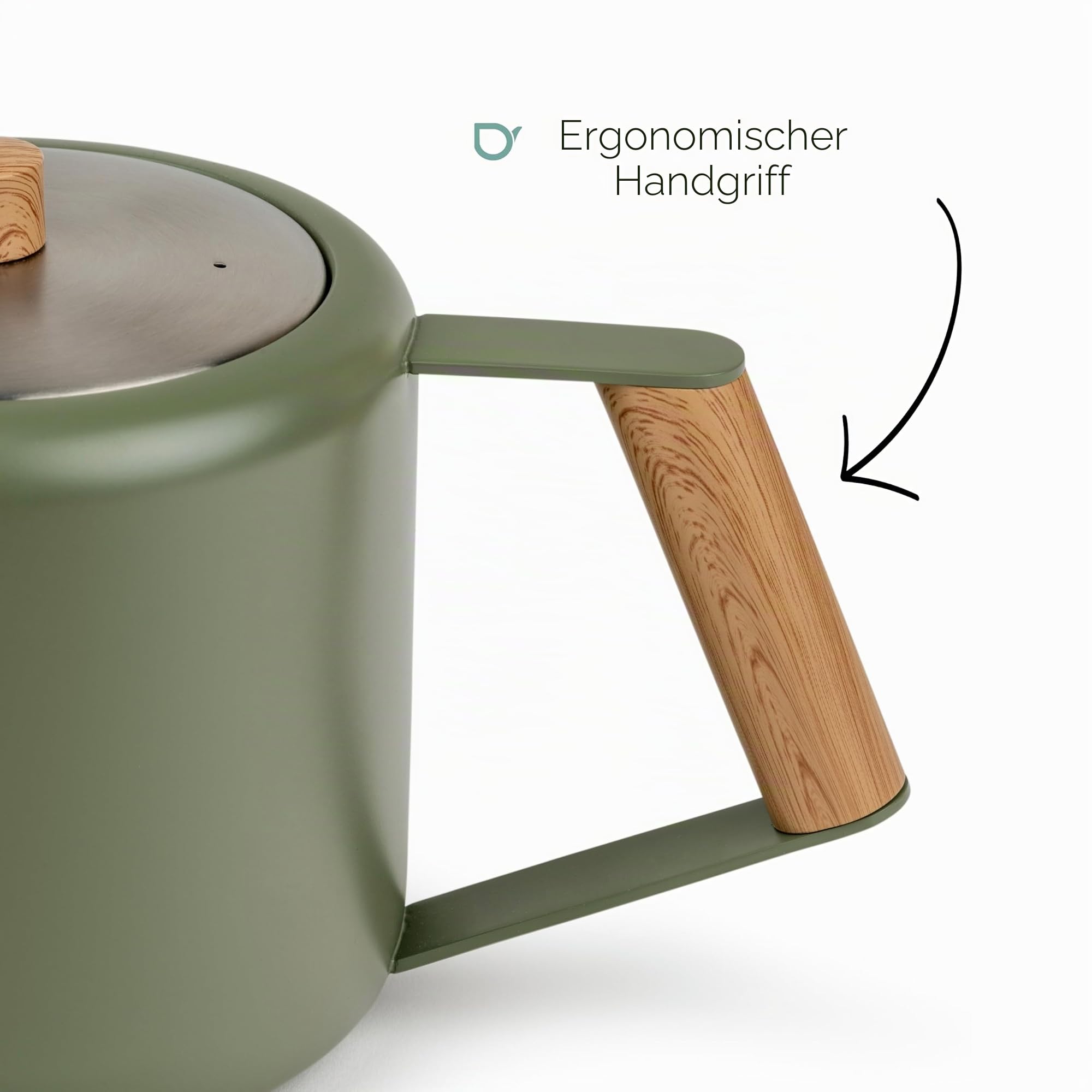 Bredemeijer grüne Edelstahl Teekanne 1.1 Liter - Griff in Holzoptik - doppelwandige Retro Kanne - für längeren, warmen Teegenuss
