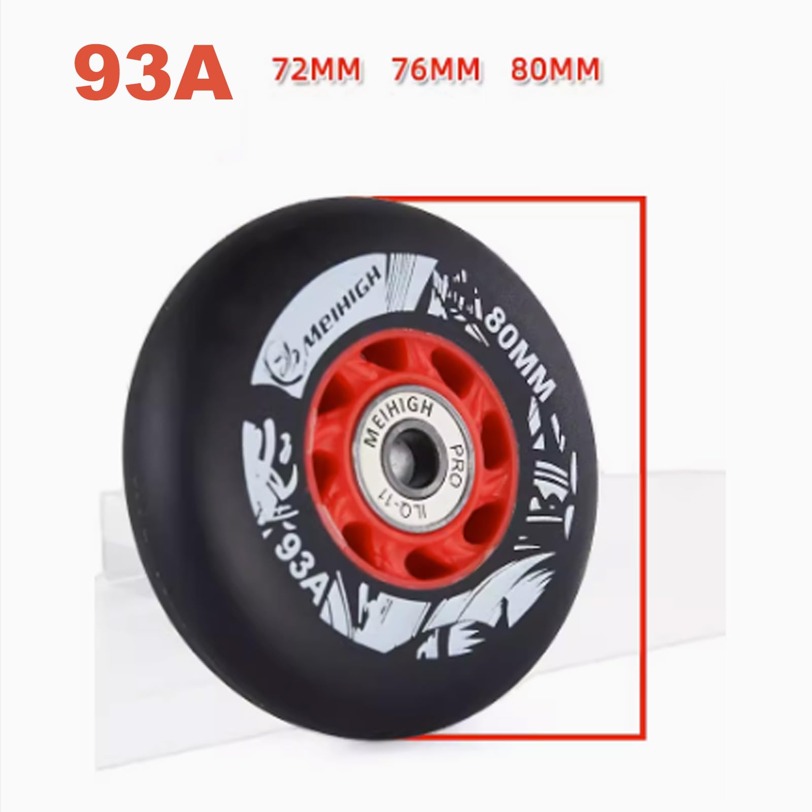 Generico Rotelle per Pattini in Linea Esterno Interno 72 mm/76 mm/80 mm, Durezza 93A, Nero con Anima Rossa, Set da 8 (80 mm)