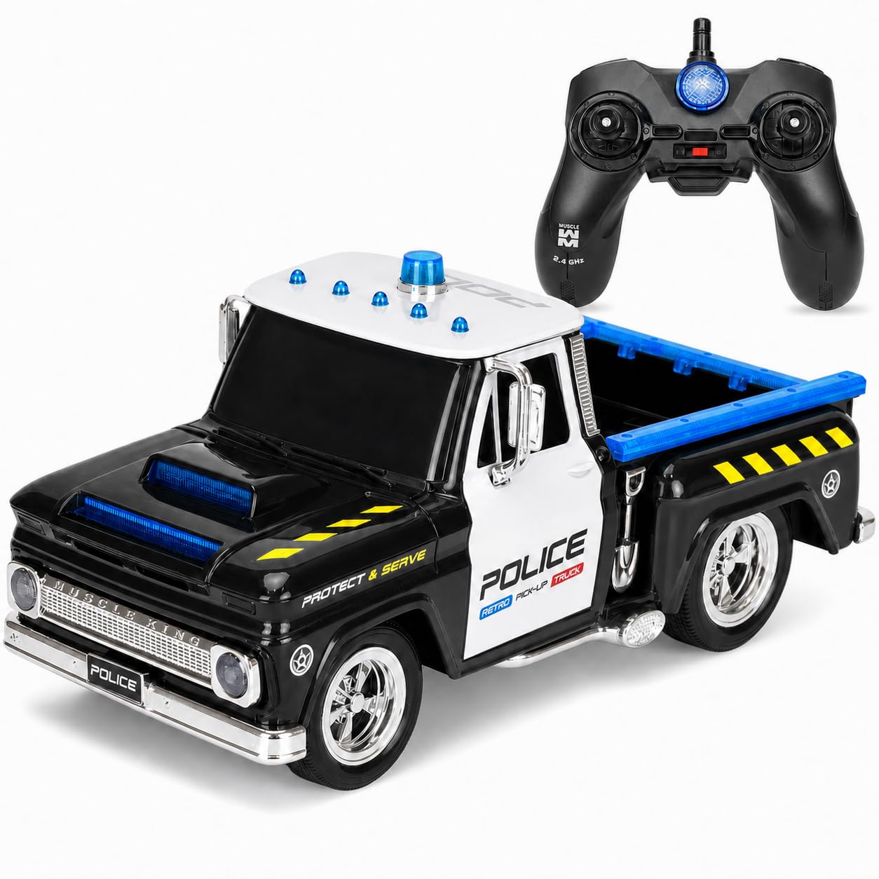 Remote Control Police Pickup Truck with Lights, Siren and USB Charging Toy | 2.4 GHz Six-Channel Control, Working Blue Lights, Switchable Police Sounds, Built-In Rechargeable 4.8 V Battery, USB Cable