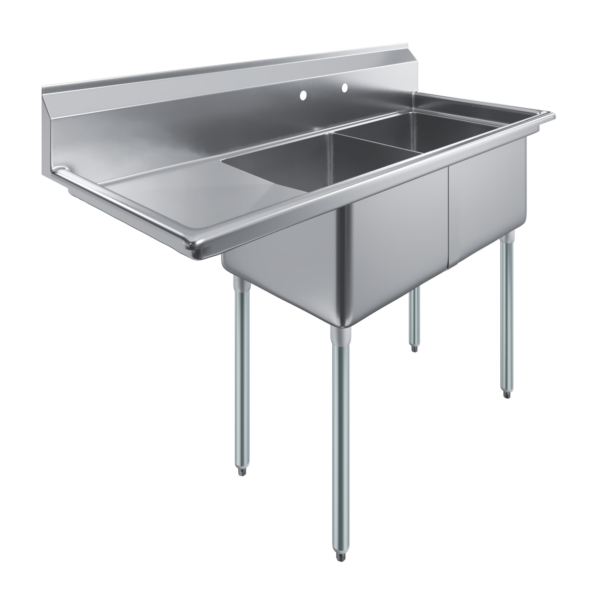 AmGood 2 Compartment Commercial Sink - 57 x 23 in. Overall with Left Drainboard - 18 x 18 x 12 in. Bowls - NSF 18-Gauge 304 Stainless Steel Restaurant Prep &amp; Utility Sink (No Faucet)