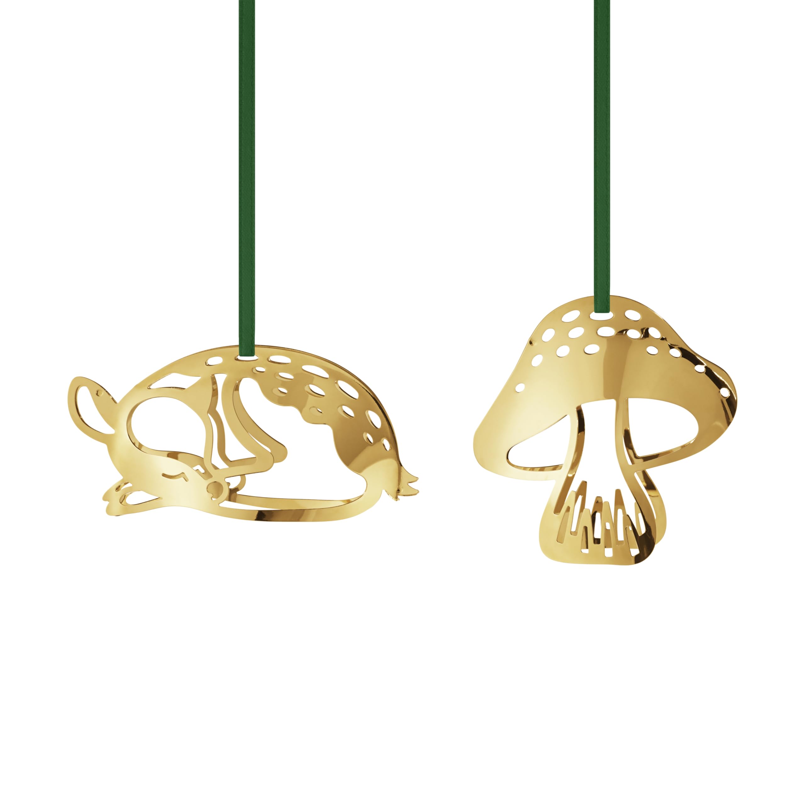 Georg Jensen 2023 Gift Set of Deer and Mushroom Ornaments - Gold Plated Christmas Seasonal Hanging Decoration by Sanne Lund Traberg - Pack of 2